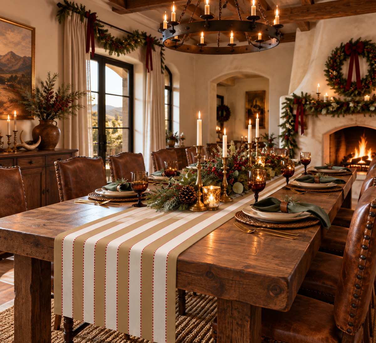 Tan, White + Red Stripe Table Runner