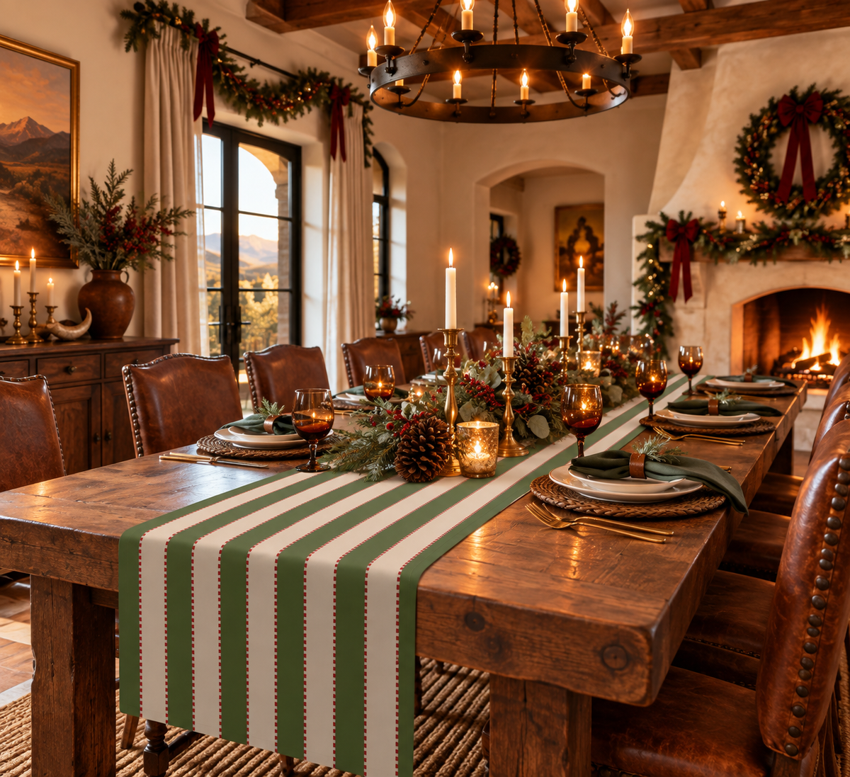Red, Olive Green + Blush Stripe Table Runner
