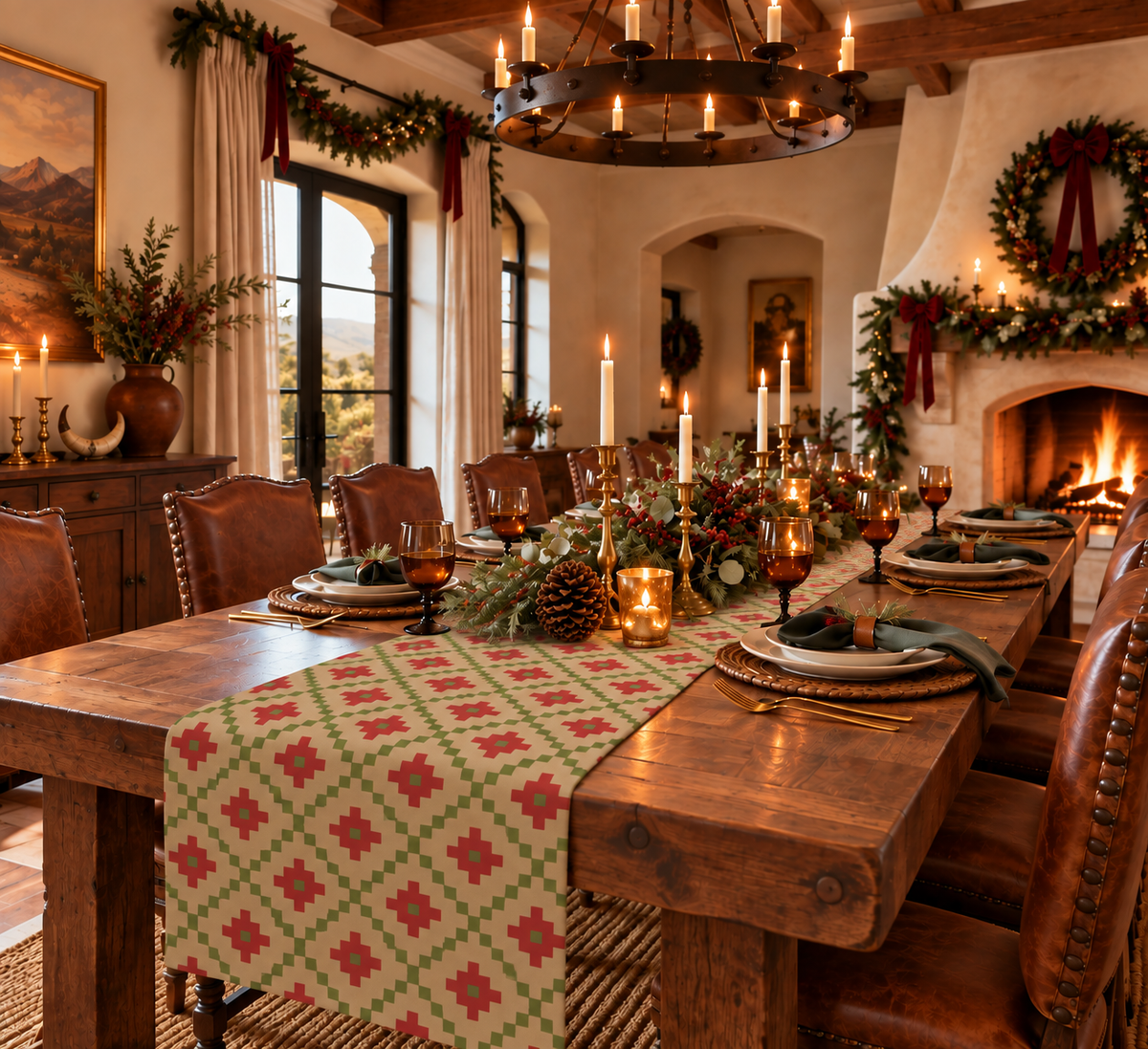 Tan, Red + Green Southwest Table Runner