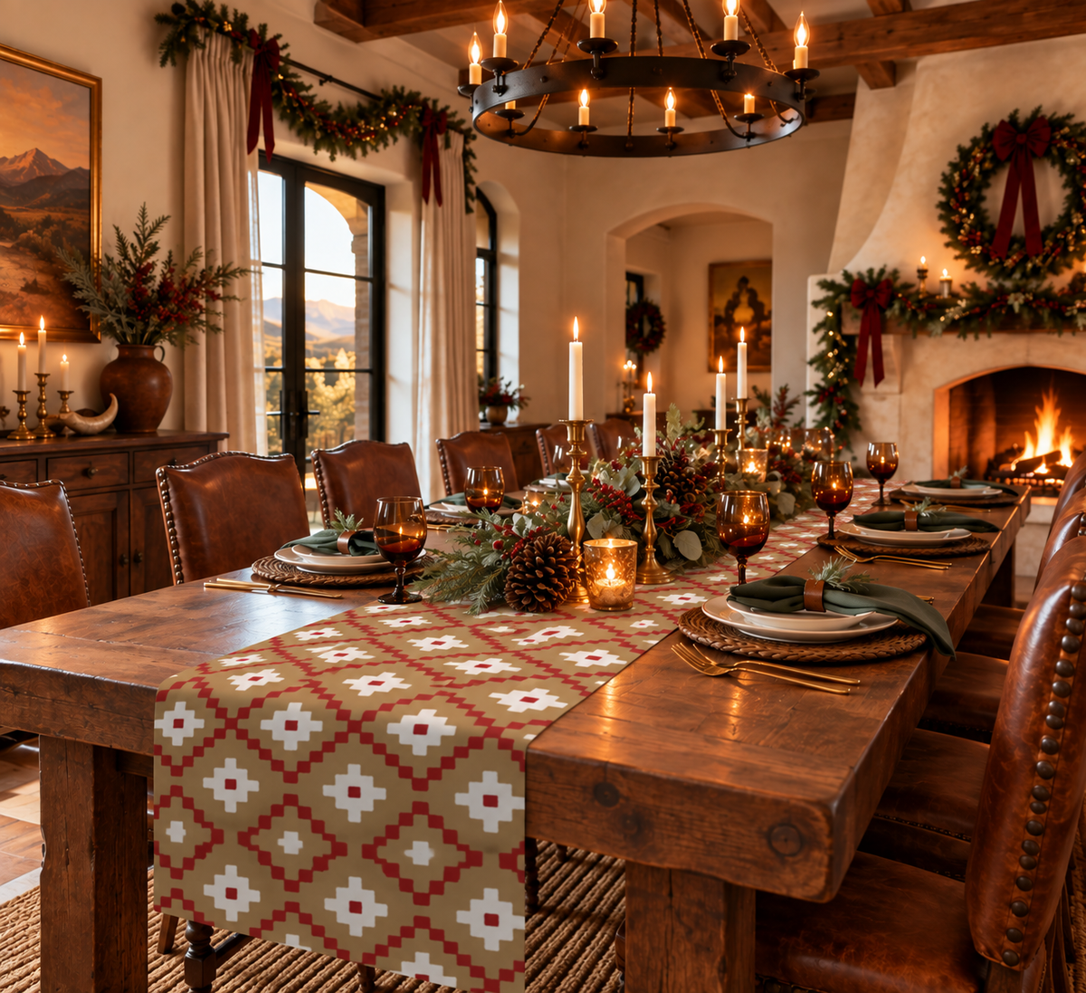 Tan, Red + White Southwest Table Runner