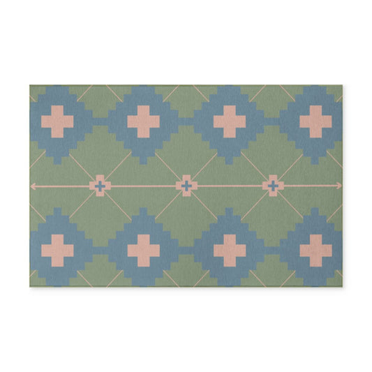 Pink + Moss Green + Slate Blue - Washable Rug - Indoor/Outdoor